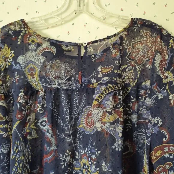 Style & Co Peasant Top XL Sheer Swiss Dot Paisley Blue Career Bell Sleeves Flowy - Picture 12 of 16